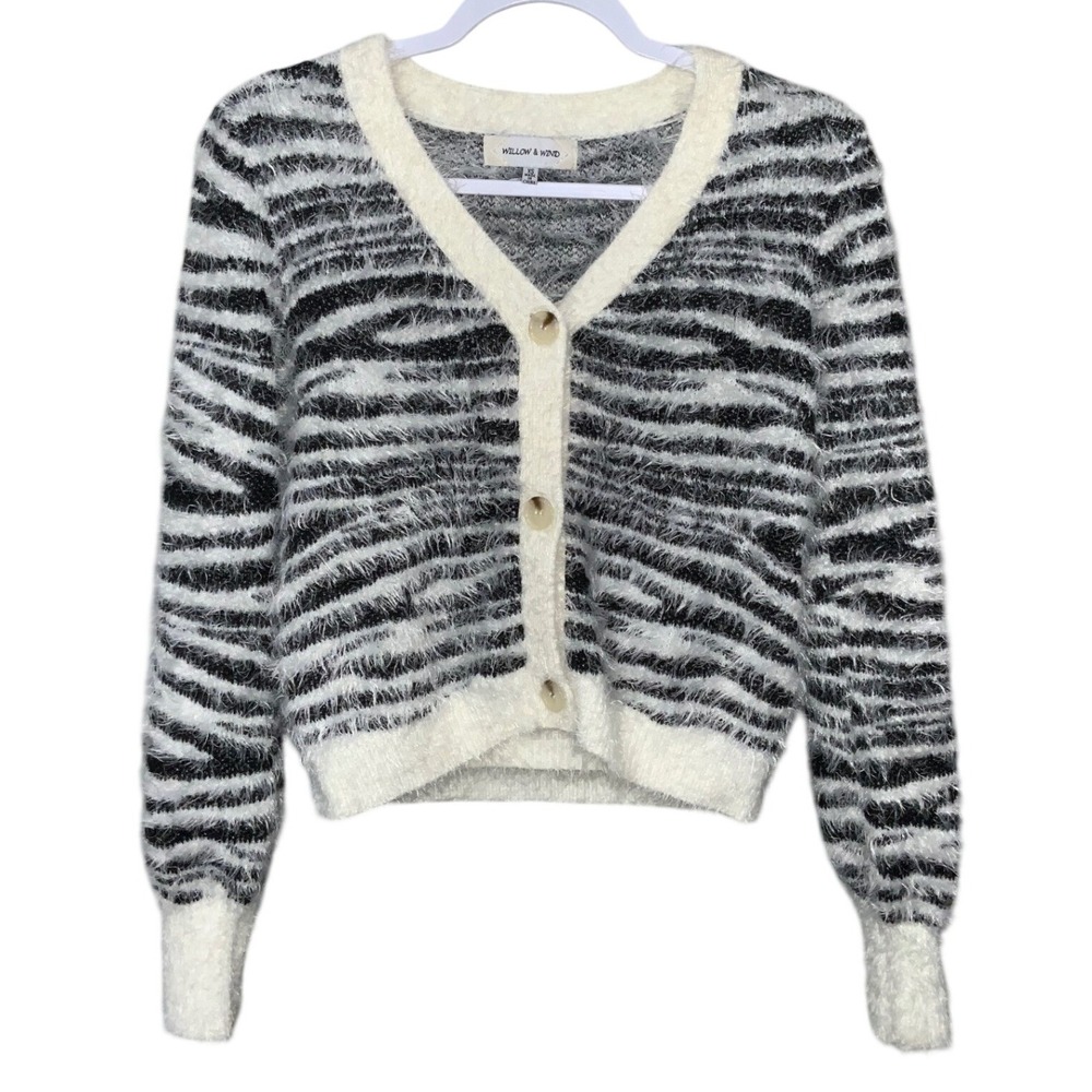Willow & Wind Black White 2pc Zebra Print Cropped Cardigan Sweater Set Size XS